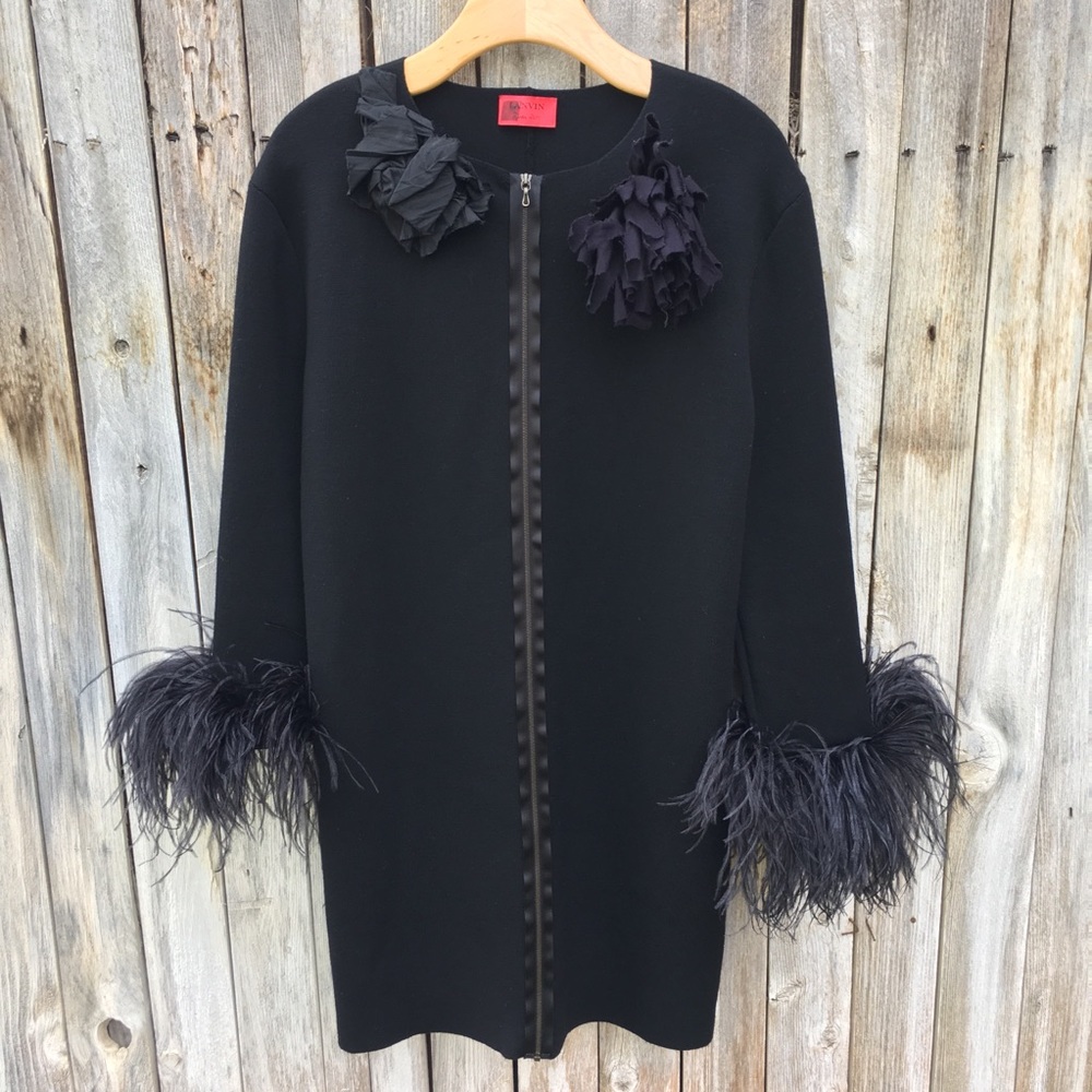 Lanvin Ostrich Feather Cuffs Wool Knit Coat Black
